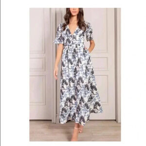 🆕Senlis Women Valentine Button Front Mulvari Floral Puff Sleeve Maxi Dress XS🆕